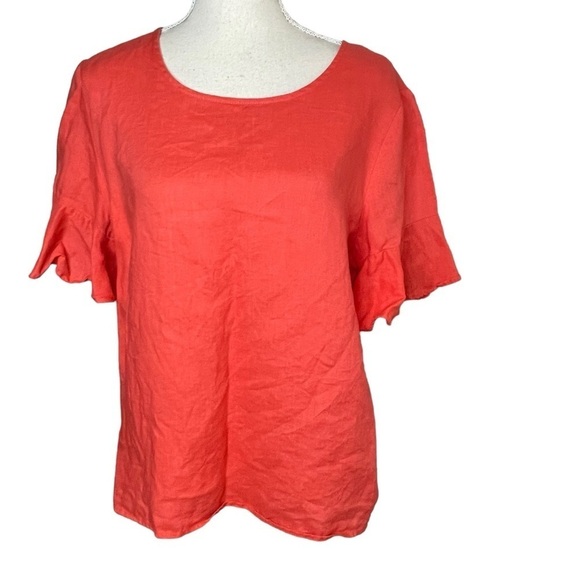 For Cynthia Top Lagenlook 100% Linen Coral Ruffle Sleeves Excellent Condition L - Picture 1 of 5